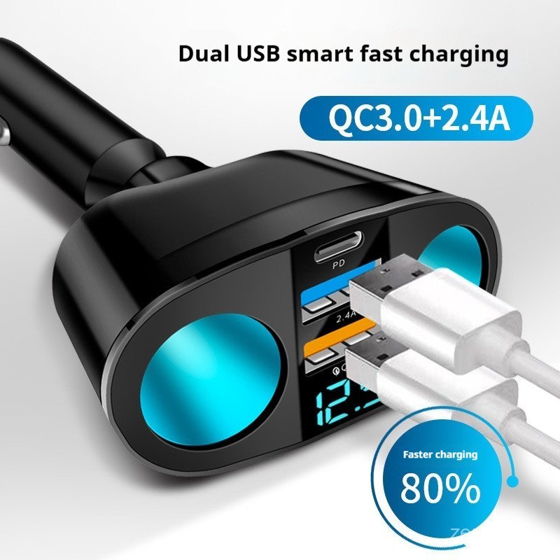 168 รถยนต์และรถจักรยานยนต์บ้าน Dual USB Type-C รถชาร์จดิจิตอล QC3.0 Fast CHARGING Multi functional C