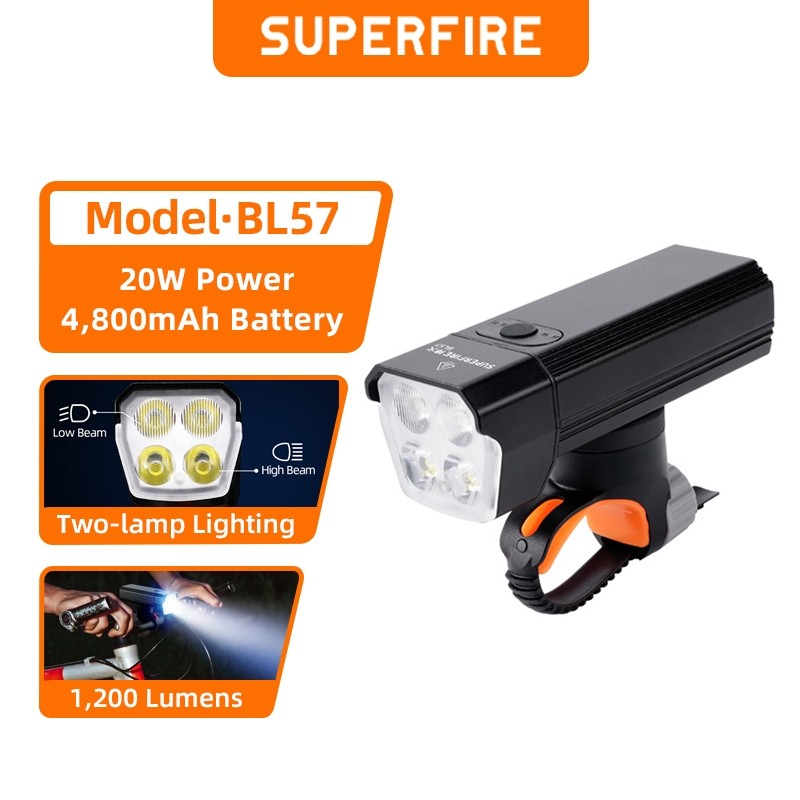 ไฟจักรยาน SUPERFIRE BL57 20W 1200 ลูเมน กันน้ำ IP54 ไฟหน้าชาร์จ Type-C สำหรับจักรยานภูเขาจักรยานทางเรียบ