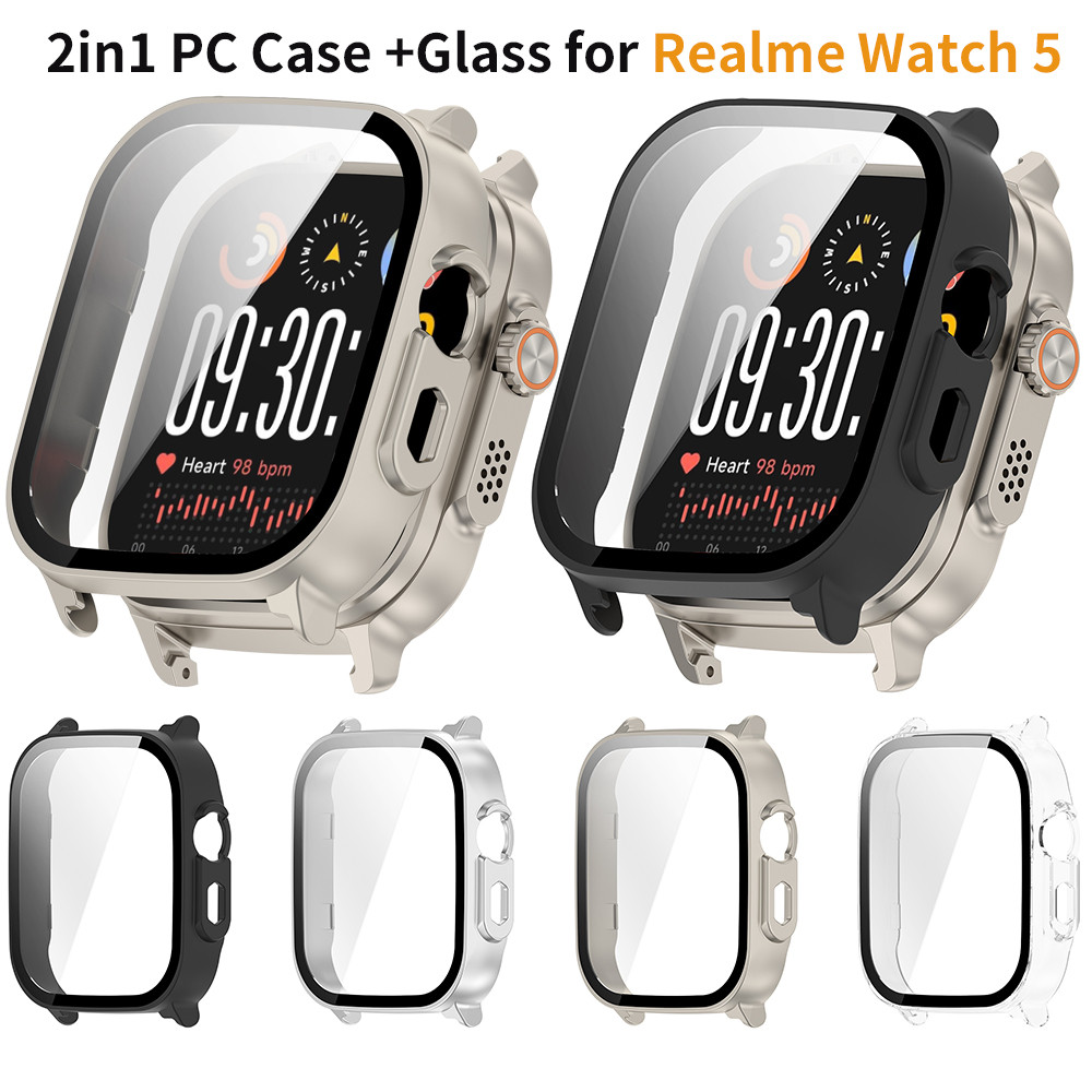 เคสสําหรับนาฬิกาRealme 5 PC + กระจกนิรภัยกันชนคลุมทั้งหมดเกราะป้องกันสําหรับRealme Watch5 อุปกรณ์เสริมป้องกันหน้าจอ