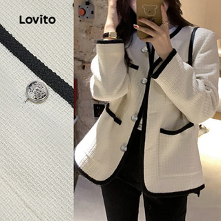 Lovito  แจ็คเก็ตลําลองสําหรับผู้หญิง สีดําขาว ลายสีบล็อกสุดห…