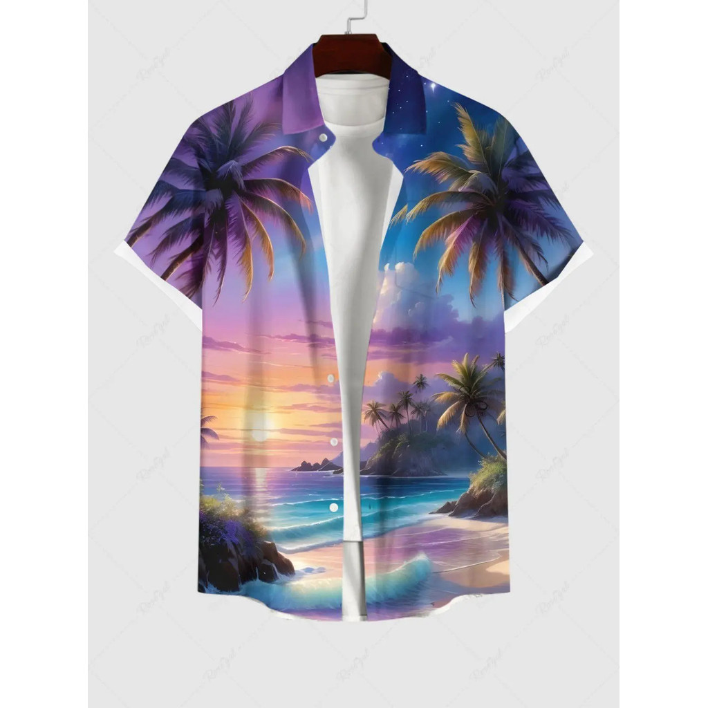 เสื้อเชิ้ตผู้ชายลายฮาวายสำหรับฤดูร้อน เหมาะสำหรับวันหยุดและชายหาด