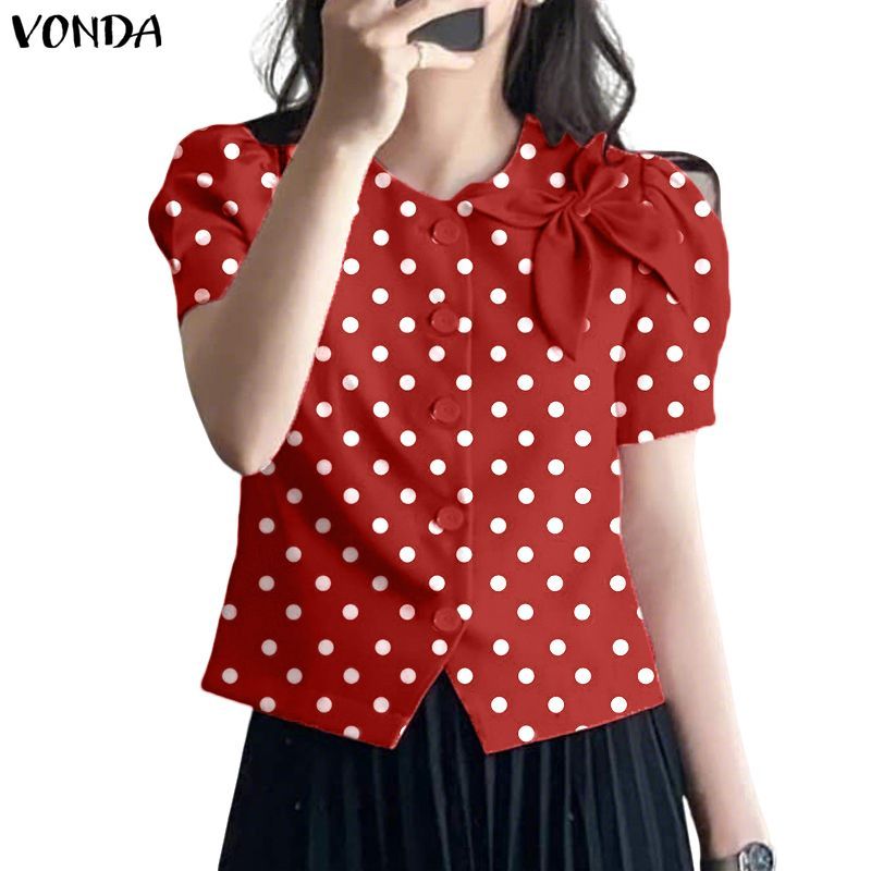 VONDA ผู้หญิงเกาหลีลําลองรอบคอสามมิติลายดอกไม้ลายจุดแขนสั้นทอผสมเสื้อรูปตัว H
