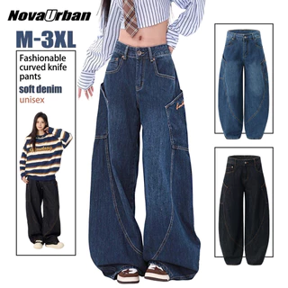 🔥Nova-Urban🔥 กางเกงยีนส์ทรงหลวมสไตล์วินเทจสำหรับผู้ชาย ทรงมีดโค้ง ผ้าเนื้อนุ่มคุณภาพสูง เอวติดกระดุม กระเป๋าใหญ่ แฟชั่นทันสมัย สไตล์สตรีทฮิปฮอป ใส่ได้ทั้งชายและหญิง