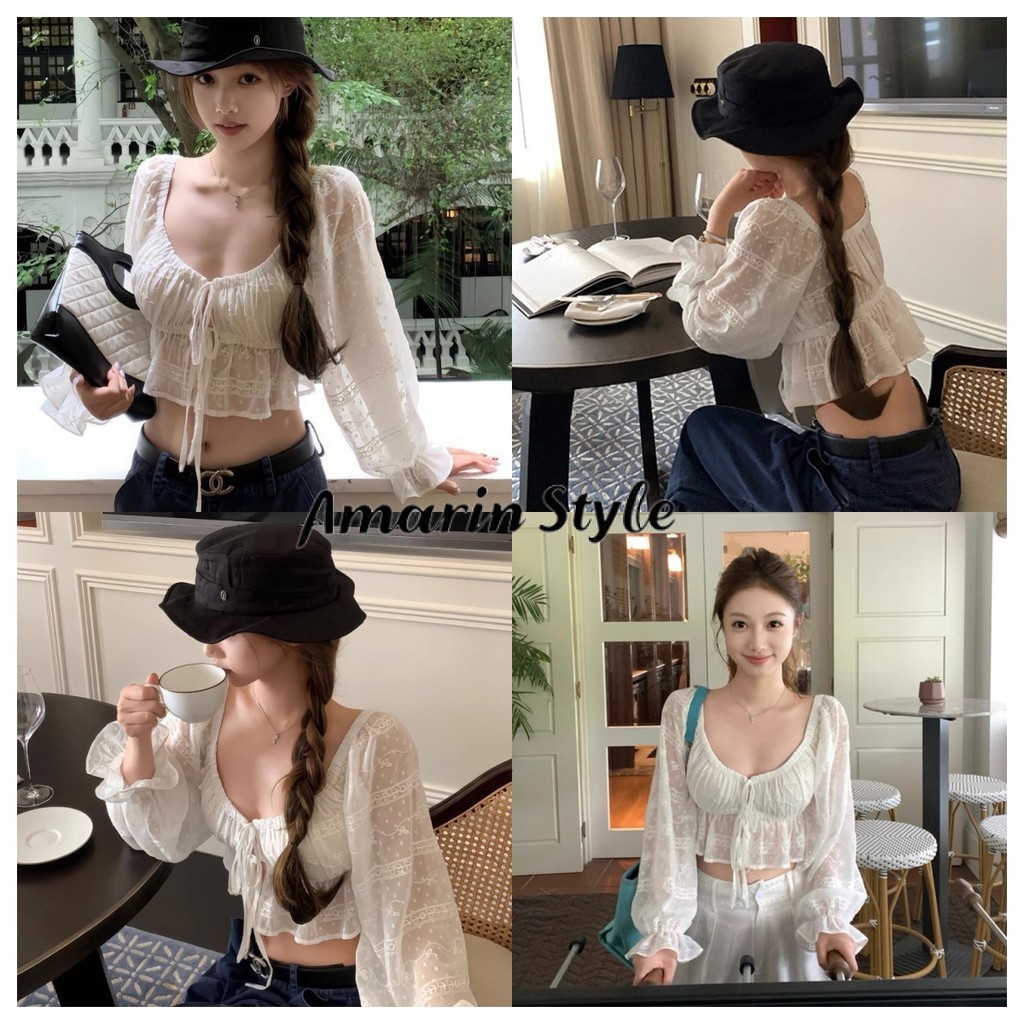 Amarin พร้อมส่ง เสื้อครอปแขนสั้น สีขาว สไตล์สาวเวียดนาม เรียบหรู ใส่สบาย FY1164
