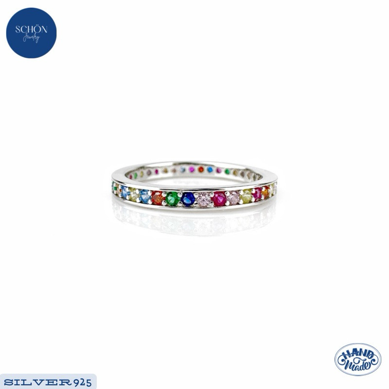 3AC-CZ02 แหวนเงินแท้925 ฝังพลอยนพเก้าแฟนซี CUBIC ZIRCONIA(CZ) AAA 1.5mm ชุบเคลือบ White Gold คุณภาพส่งออก