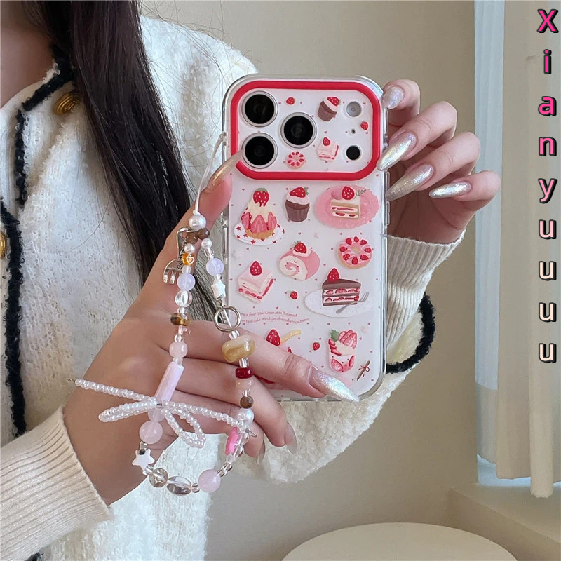 Creative Full Screen Love สีชมพูขนมหวาน: เค้กสตรอเบอร์รี่ + โซ่สําหรับ IPhone17 16 15 14 13 Pro Max 