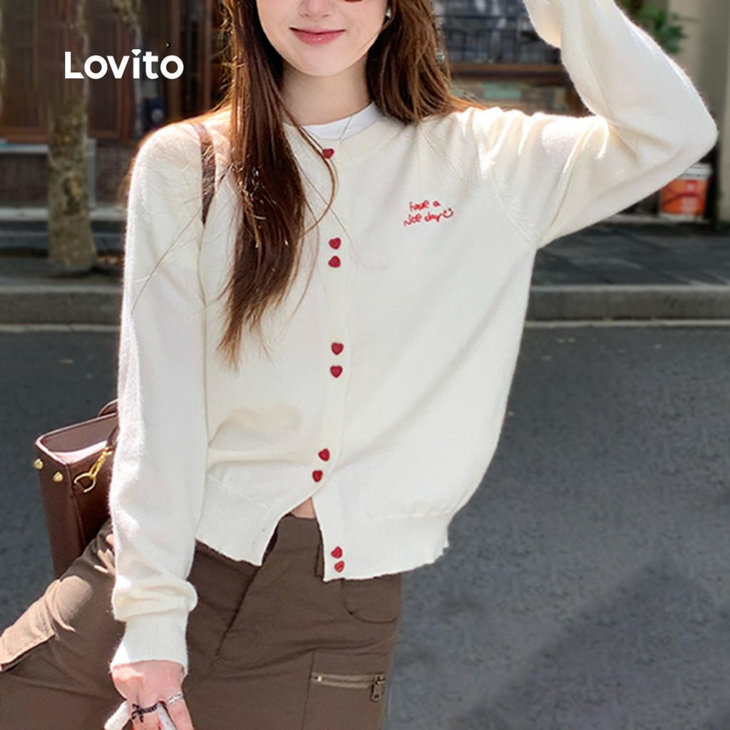 Lovito การ์ดการ์ดแบบสบาย ๆ มีปุ่ม สำหรับฤดูใบไม้ร่วง/ฤดูหนาว สีขาวธรรมดา สำหรับผู้หญิง LNA121017