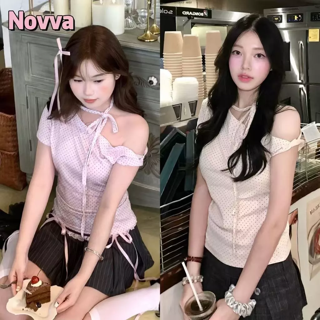 ส่งจากไทยทุกวัน ดีเทลสายผูกไหล่ เสื้อยืดผู้หญิง 2สี เสื้อยืดแขนสั้นเปิดไหล่ข้างเดียว🍄Novva