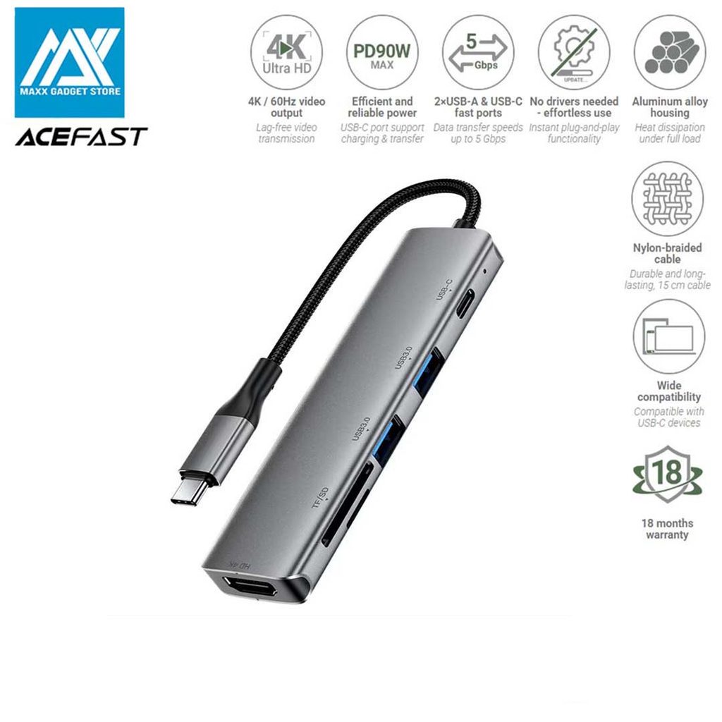 ACEFAST J18 6 in 1 USB-C Hub 4K 60Hz HD PD 90W Docking Station พร้อมช่องเสียบการ์ด SD / TF