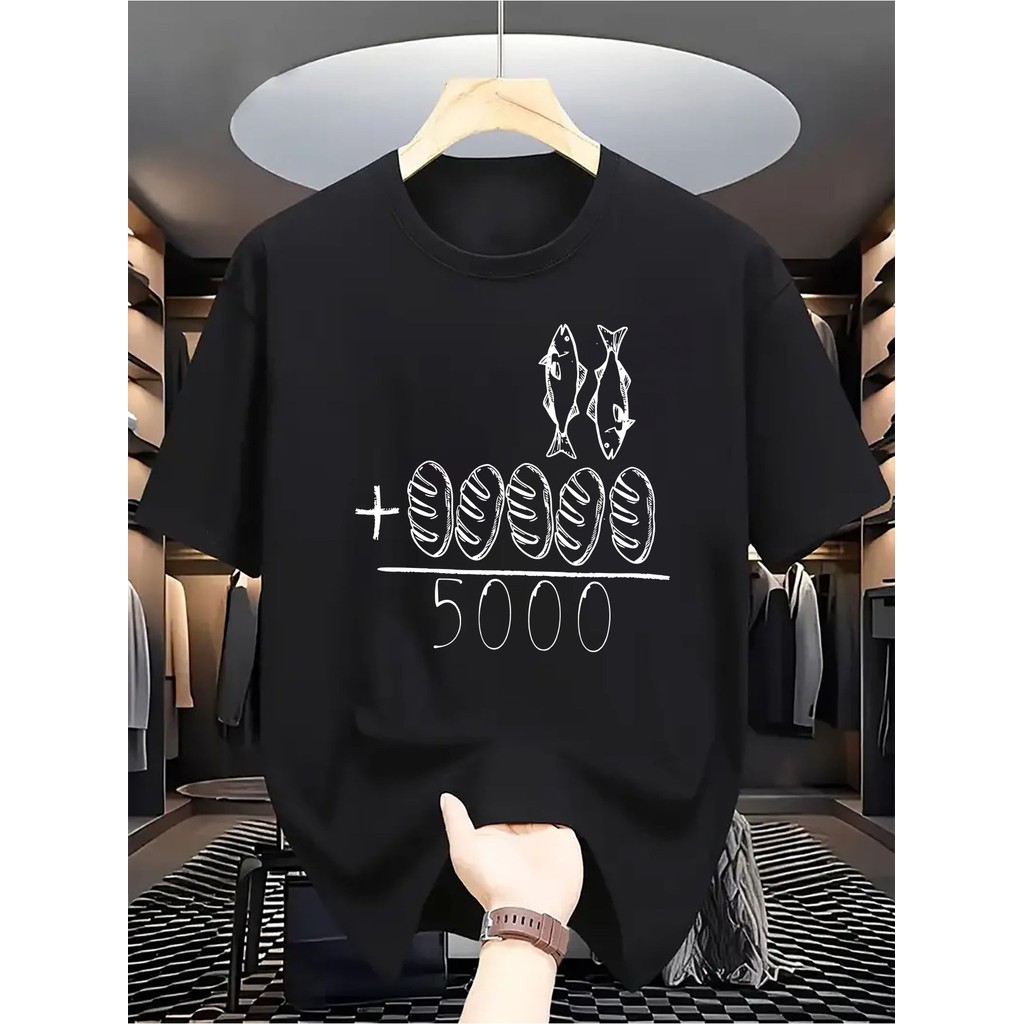เสื้อยืดแขนสั้นที่มีสไตล์และราคาไม่แพงสำหรับผู้ชาย ลายพิมพ์ดิจิทัลที่เป็นเอกลักษณ์ของปลาและขนมปัง ออกแบบมาเพื่อการแห้งเร