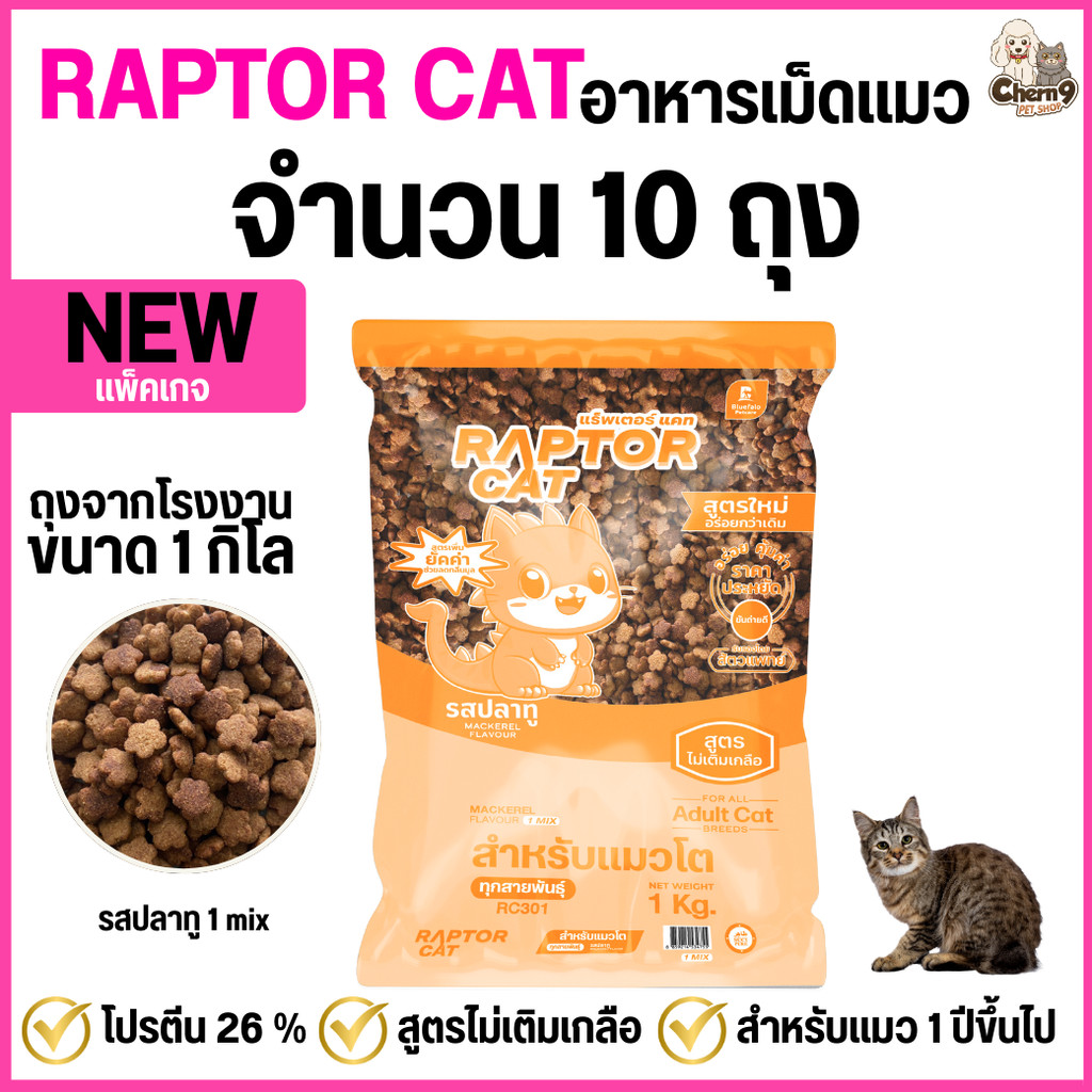 NEW !!!  [10 ถุง]   อาหารแมว RAPTOR CAT รสปลาทู เม็ดสีเดียว ไม่เติมเกลือ ลดกลิ่นมูล โปรตีน26% **ขนาดถุง1กิโล
