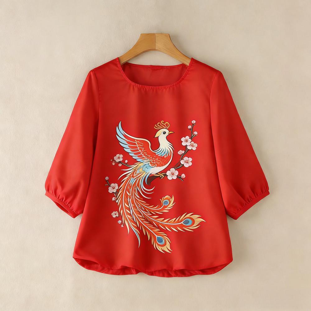 เสื้อตรุษจีน ชุดสตรีจีนสไตล์วินเทจปีใหม่ เสื้อพิมพ์ลายจีนสีแดง แขนสามส่วนหลวมๆ ไซส์พลัสสำหรับผู้หญิง - รูปที่ 6