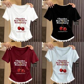 【COD】เสื้อยืดแขนสั้นคอวีลายเชอร์รี่ สำหรับสตรี ตัวยืดหยุ่นสว…