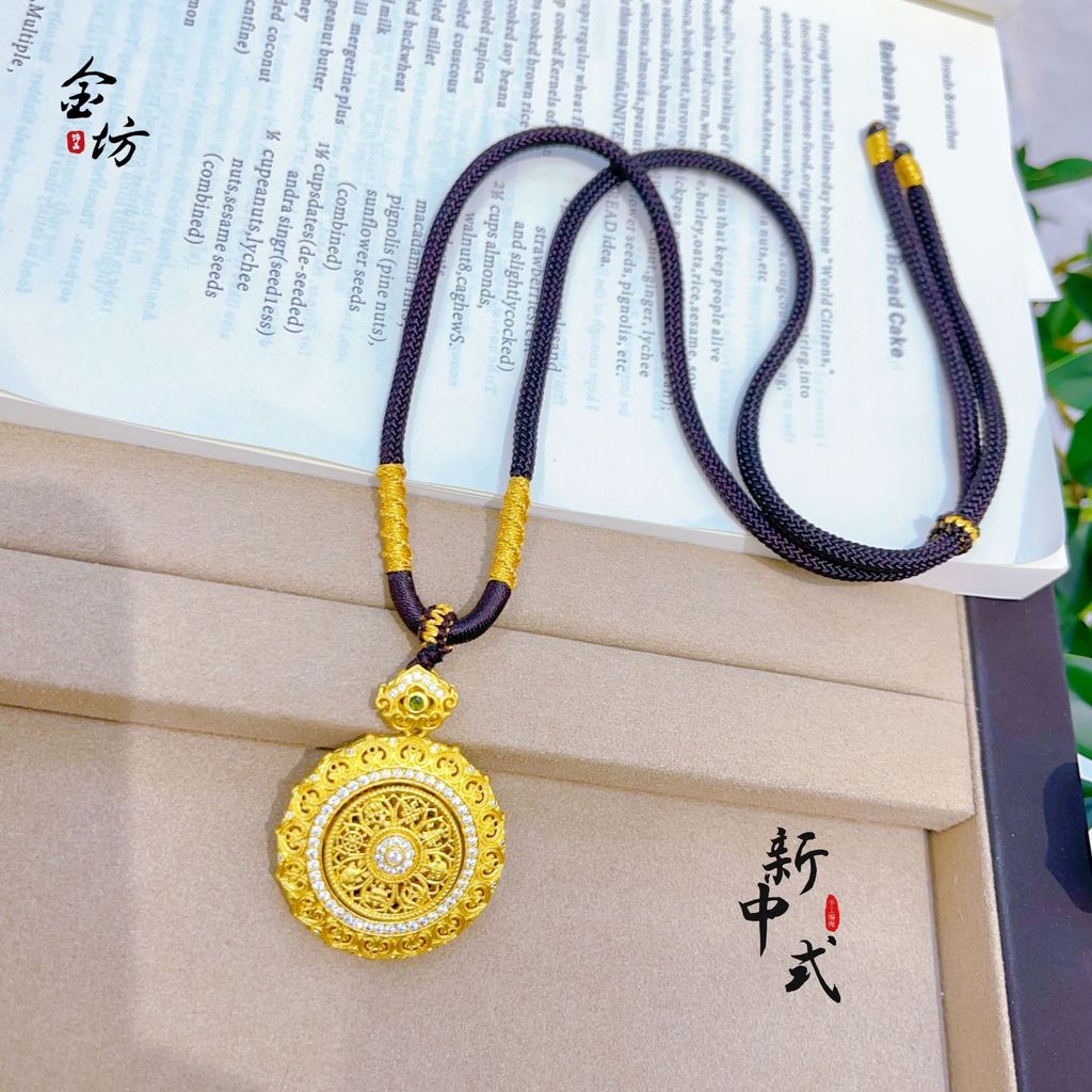 สดวิธีโบราณทรายทองกลวงดอกไม้ผ้าไหมแปดสมบัติเข็มทิศสร้อยคอหมุนได้สไตล์จีนกiltสร้อยคอเชือกสีน้ําตาล ข8