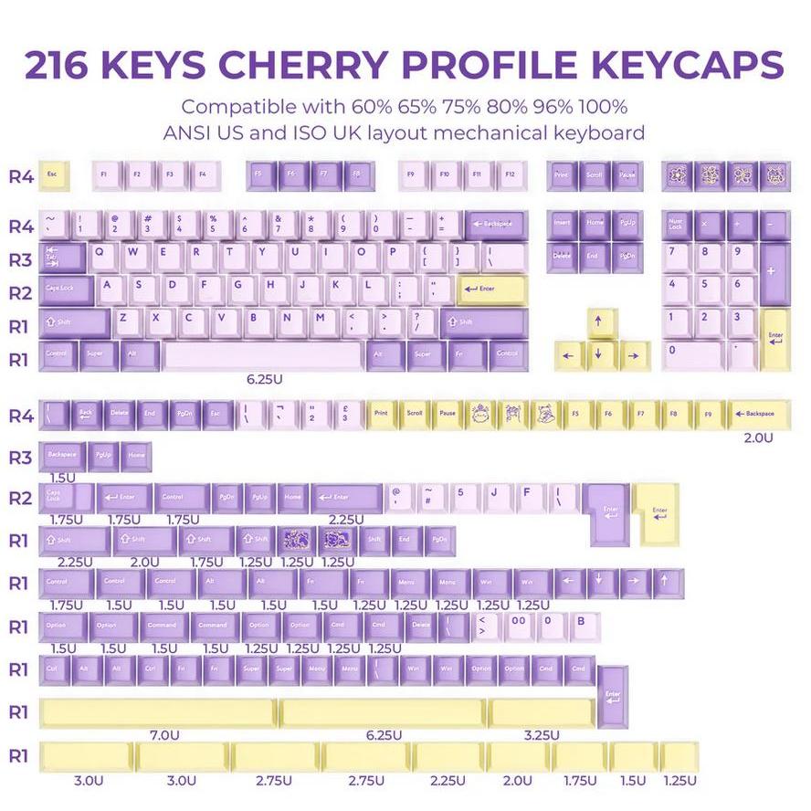 XVX Lilac Dawn / Quantum Cat Keycaps โปรไฟล์เชอร์รี่ PBT + PC Double Shot Keycap 216 คีย์