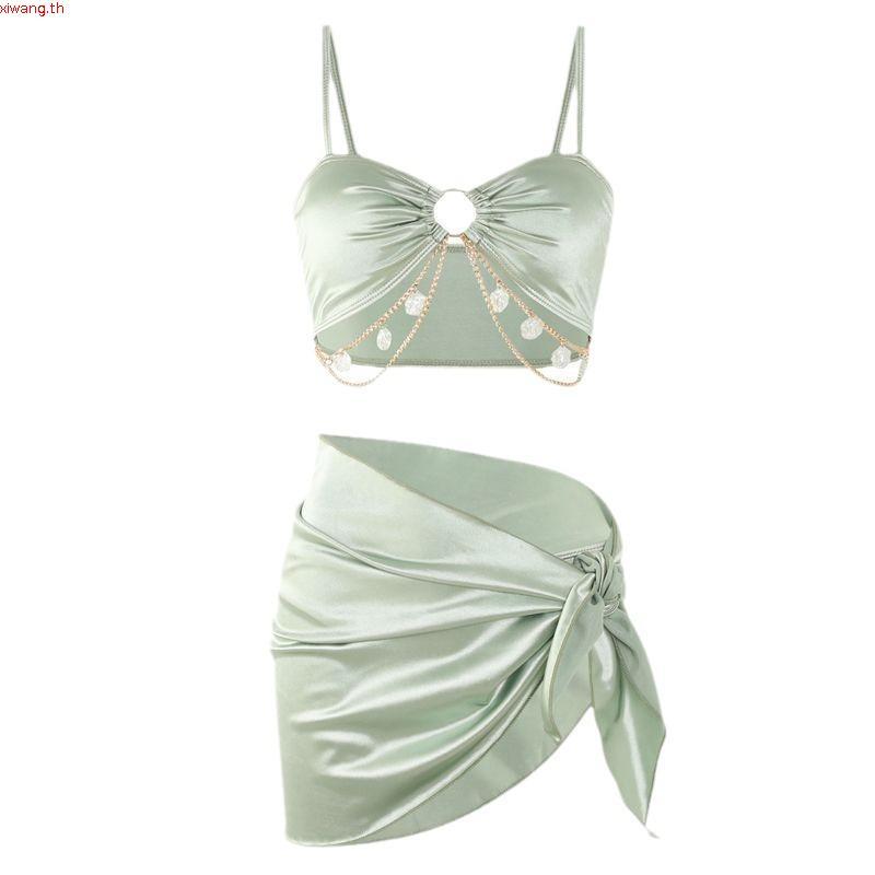 [Dolldoll]Bikini Set Leisure Swimwear Medium Stretch Fabric Padded Top Solid Color Design