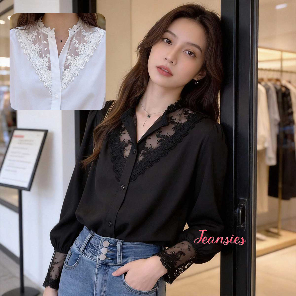 เสื้อเชิ้ตแขนยาว ลูกไม้ต่อผ้า ดีไซน์เรียบหรูหรา สวมใส่สบาย