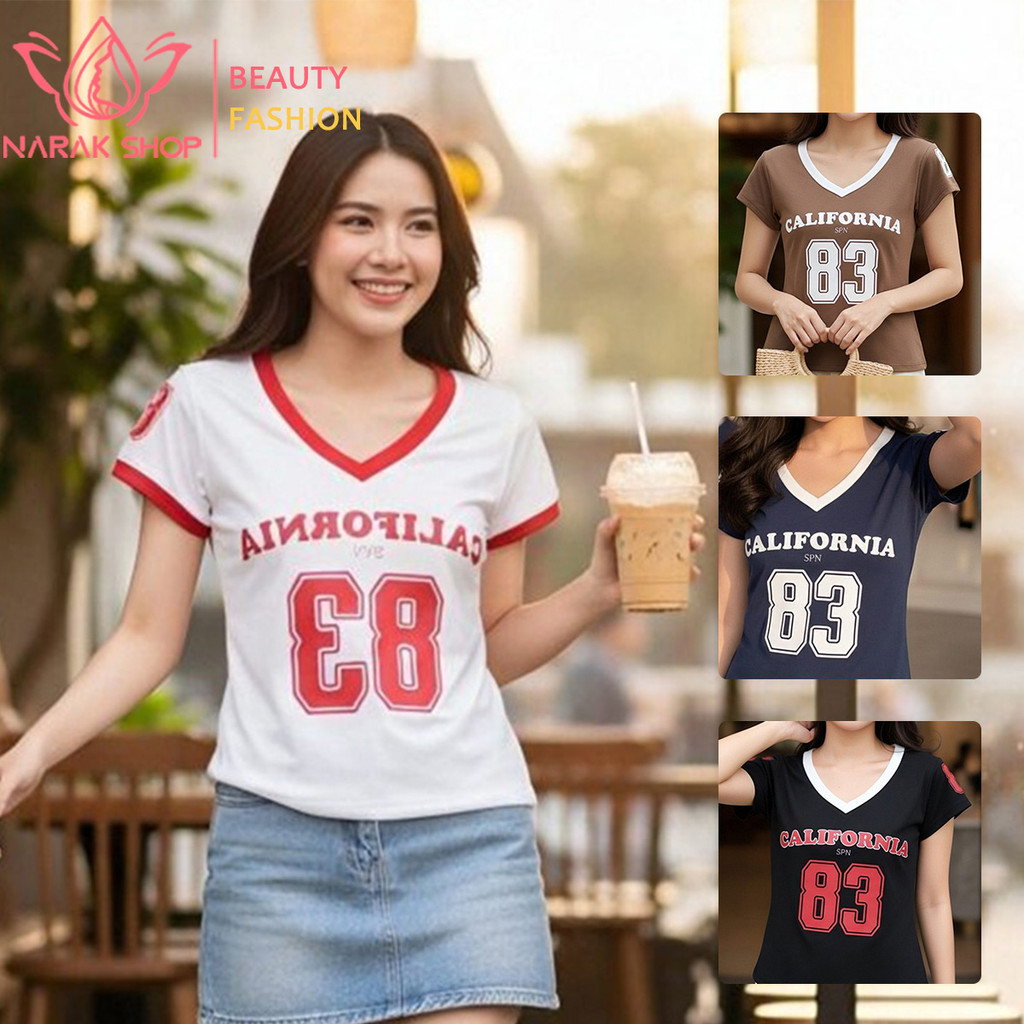 เสื้อยืด คอวีแขนสั้น ทรงรัดรูป สำหรับสาวๆ