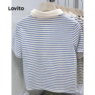 Lovito แคชชวล เสื้อยืดลําลองเสื้อยืด บล็อกสี ลายทาง สําหรับผู้หญิง LNE29048 (น้ําเงิน/ดํา)