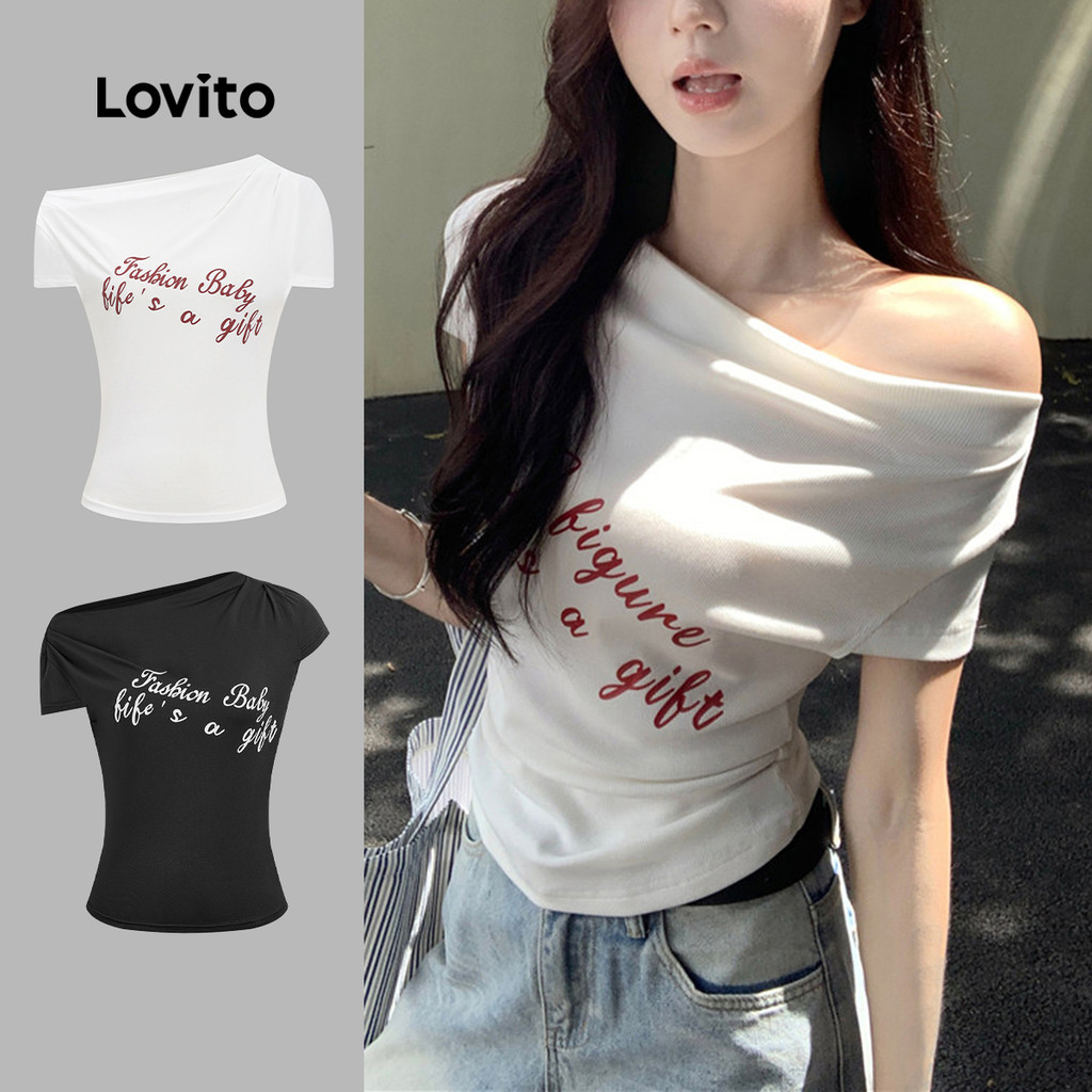 Lovito เสื้อยืดลายตัวอักษรน่ารักไม่สมมาตรสำหรับผู้หญิง L122AD019