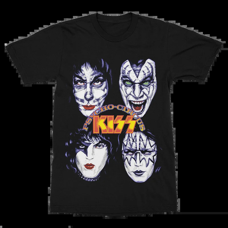 เสื้อยืด KISS Psycho Circus Full-Cast Face Paint: ฐานสีดำพร้อมดีไซน์โลโก้วงและชื่ออัลบั้ม สินค้าสำหร