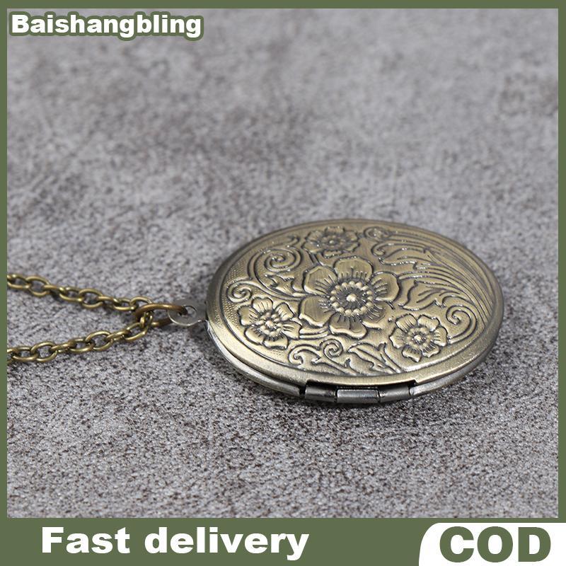 BSBL สร้อยคอมุขตัวเรือนทองเหลือง ลายแกะสลักรูปดอกไม้ สไตล์ไวน์เทจ มาพร้อมของขวัญในกล่อง