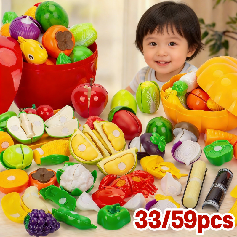 ของเล่นผักผลไม้หั่นได้ 59pcs ของเล่นผลไม้ ชุดผลหั่นได้ สามารถลอก กล่องเก็บฟักทองแอปเปิ้ล ของเล่นเด็ก