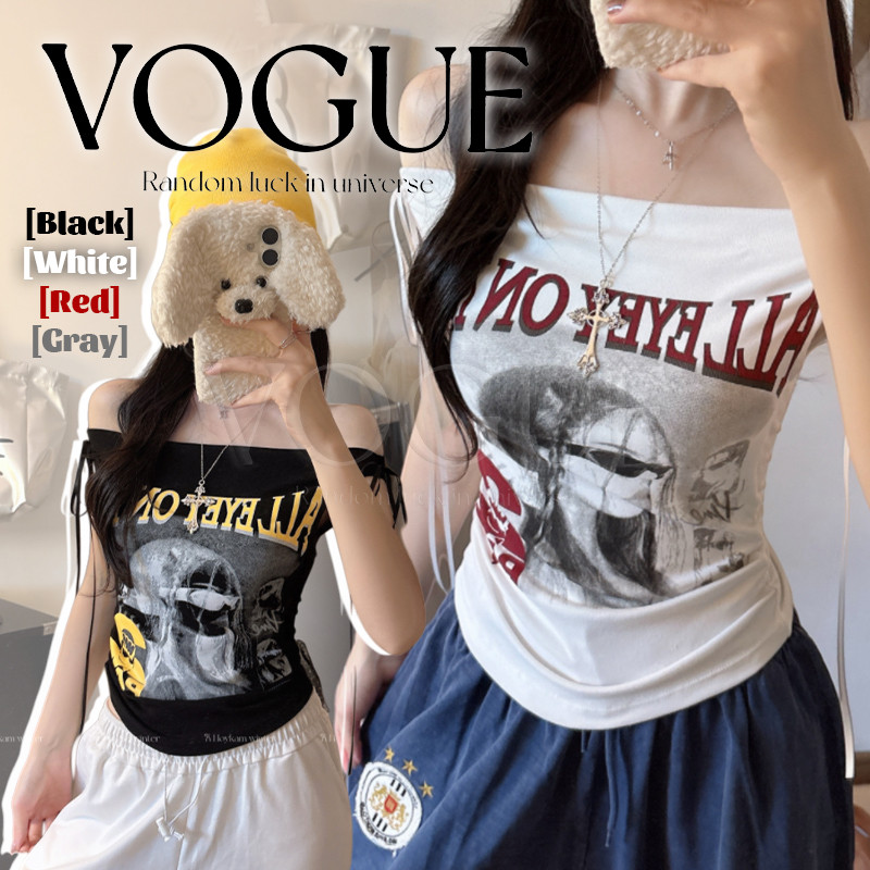 Vogue🌟พร้อมส่ง🌟 เสื้อแขนกุด สกรีนลายเท่ๆ แต่งโบว์ มีฟองน้ำ ใส่ได้หลายแบบ (FY5152)