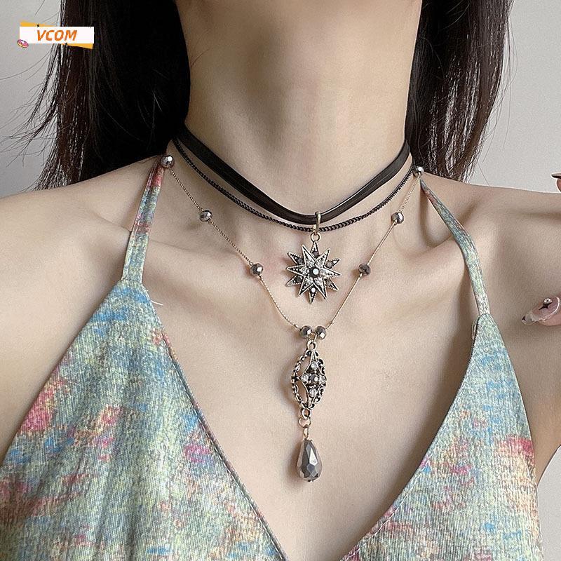 VCOM สร้อยคอแบบหลายชั้นสไตล์วินเทจสร้อยคอสร้อยคอสร้อยคอจี้โซ่ยาวประดับคริสตัลโบฮีเมียนเป็นของขวัญ DD
