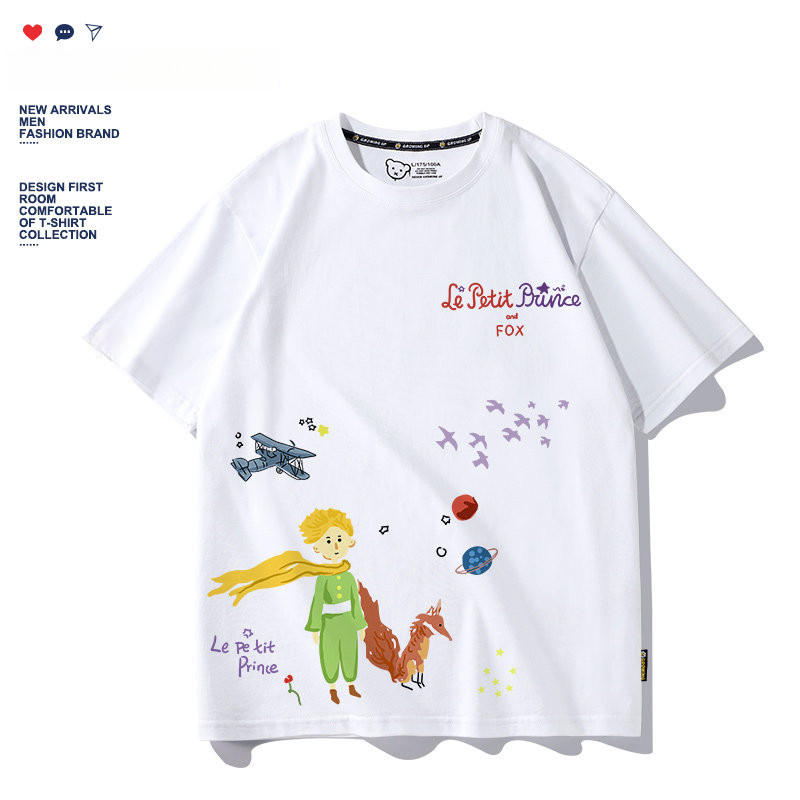 เสื้อยืดแขนสั้นสีขาว ทรงหลวม พิมพ์กราฟฟิตี้เจ้าชายน้อย Fox Little Prince