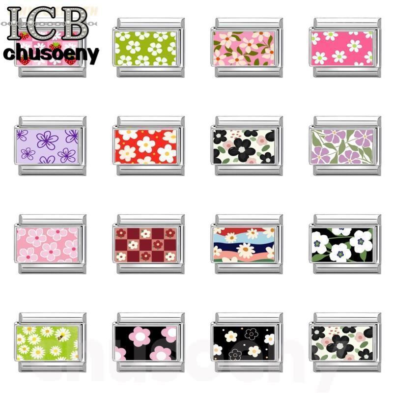 🌸สร้อยข้อมือสแตนเลส DIY แบบโมดูล พิมพ์ลายดอกไม้สีสันสดใสสไตล์อิตาเลียน ขนาด 9 มม.