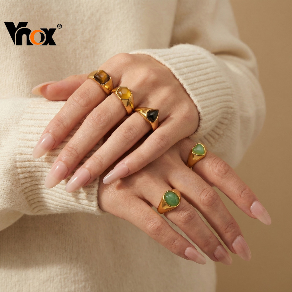Vnox แหวน chunky elegant สแตนเลสและหินธรรมชาติ สำหรับผู้หญิง พร้อมมอบเป็นของขวัญในโอกาสพิเศษ