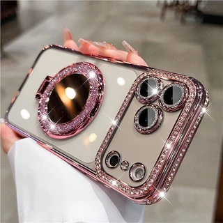 เคสเพชรประกายสําหรับ IPhone 17 16 15 13 14 12 11 Pro Max Plus Air พร้อมกระจกแม่เหล็กขาตั้งป้องกันกล้องเต็มรูปแบบ | ดีไซน์ประกายแวววาวหรูหราสําหรับผู้หญิง