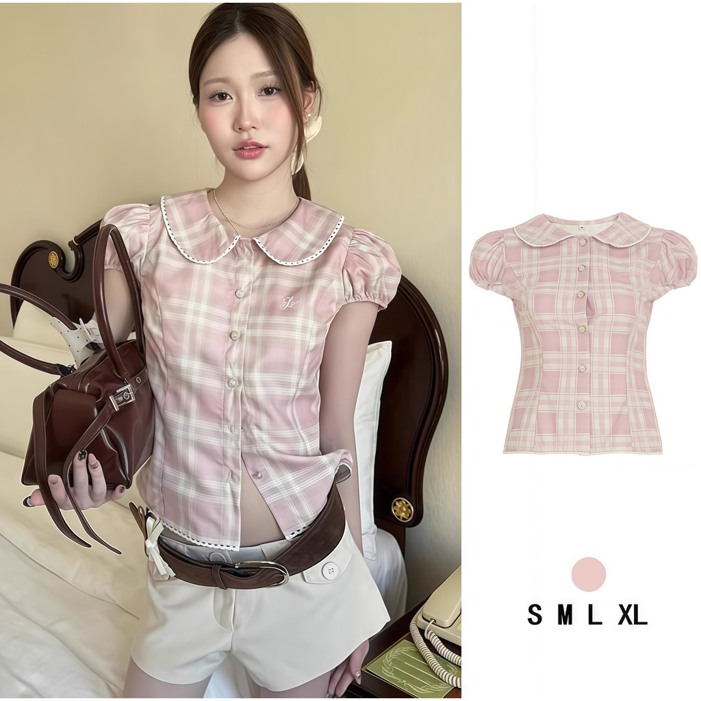เสื้อเชิ้ตลายสก๊อตผู้หญิง MSMS แขนฟอง อเนกประสงค์ น่ารัก สไตล์ Y2K มาใหม่