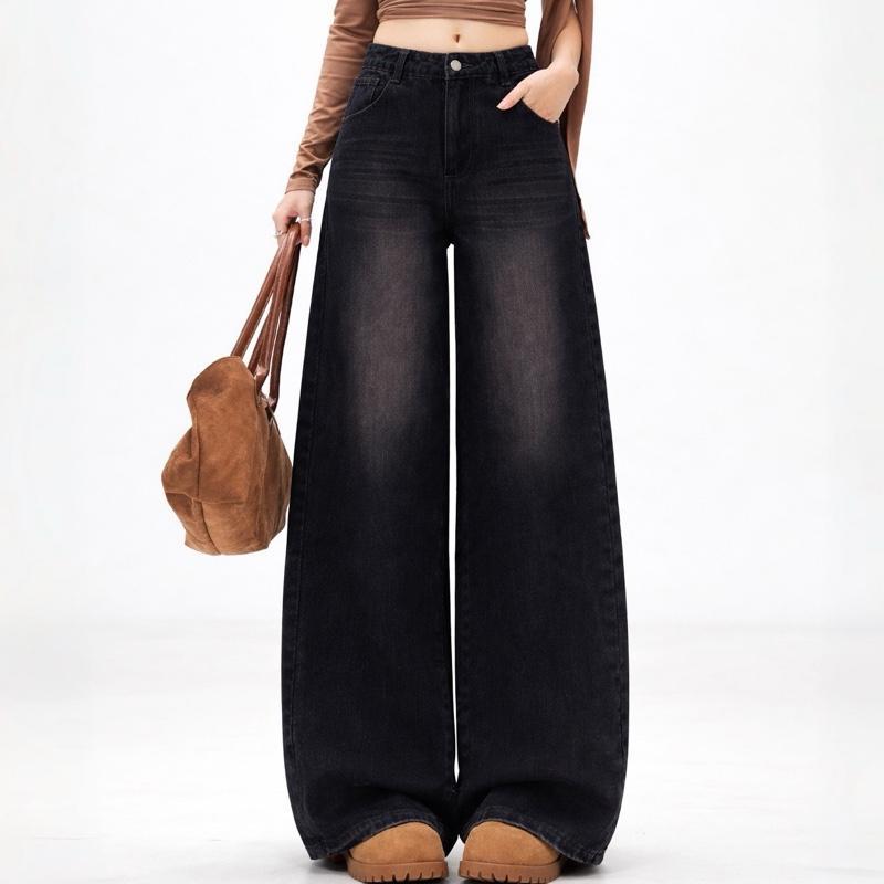 #212 (XS-6XL) jinjeans กางเกงยีนส์ขากระบอกใหญ่ baggy jeans สีดำเฟดชมพู