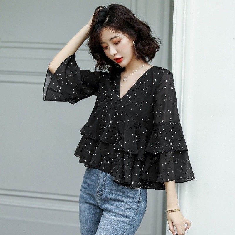 easy ผู้หญิง ฝรั่งเศส จุดคลื่น ชีฟอง แขนแตร คอวี เสื้อเชิ้ต