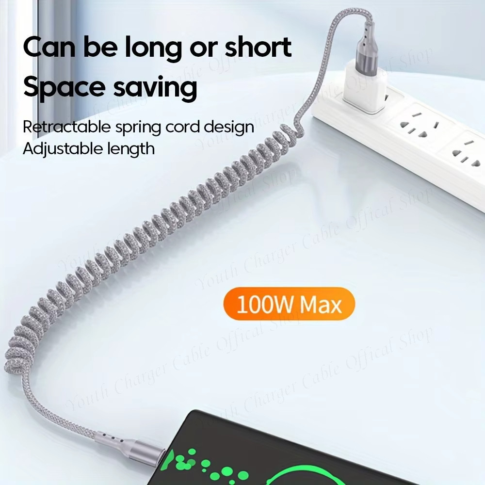 ข้อศอกสเตอริโอ USB/Type C ถึง Type C ฤดูใบไม้ผลิ Telescopic Data CABLE 100W Super Fast สายชาร์จไนลอนถักรถสายชาร์จสําหรับ IOS/Type C ราคา ถูกที่สุด ดีลบีเคเค แกลเลอรีภาพที่ 6
