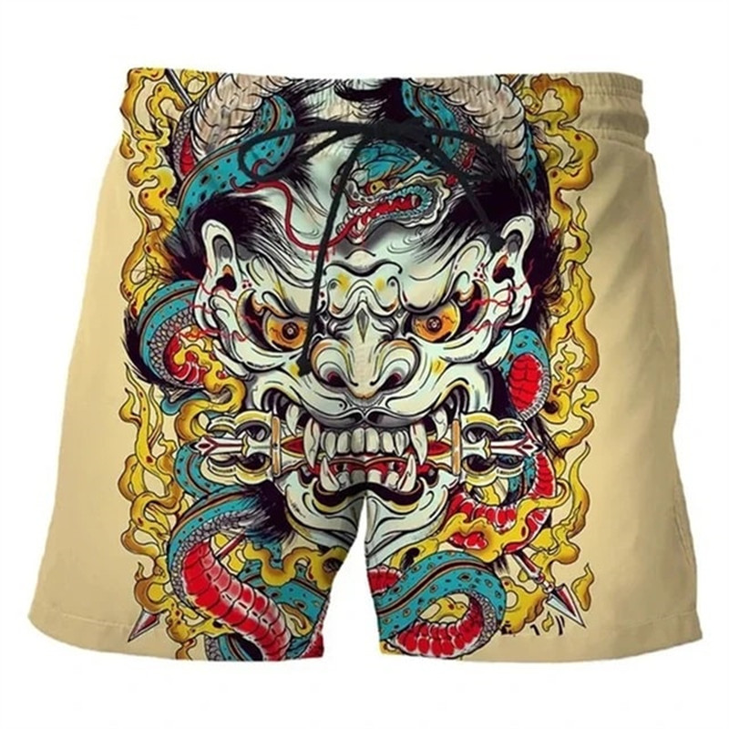 กางเกงขาสั้นชายหาดแบบVintage ญี่ปุ่น พิมพ์ลายTattoo Mask 3D สไตล์Y2K สำหรับชายและหญิง สวมใส่ง่ายสบาย