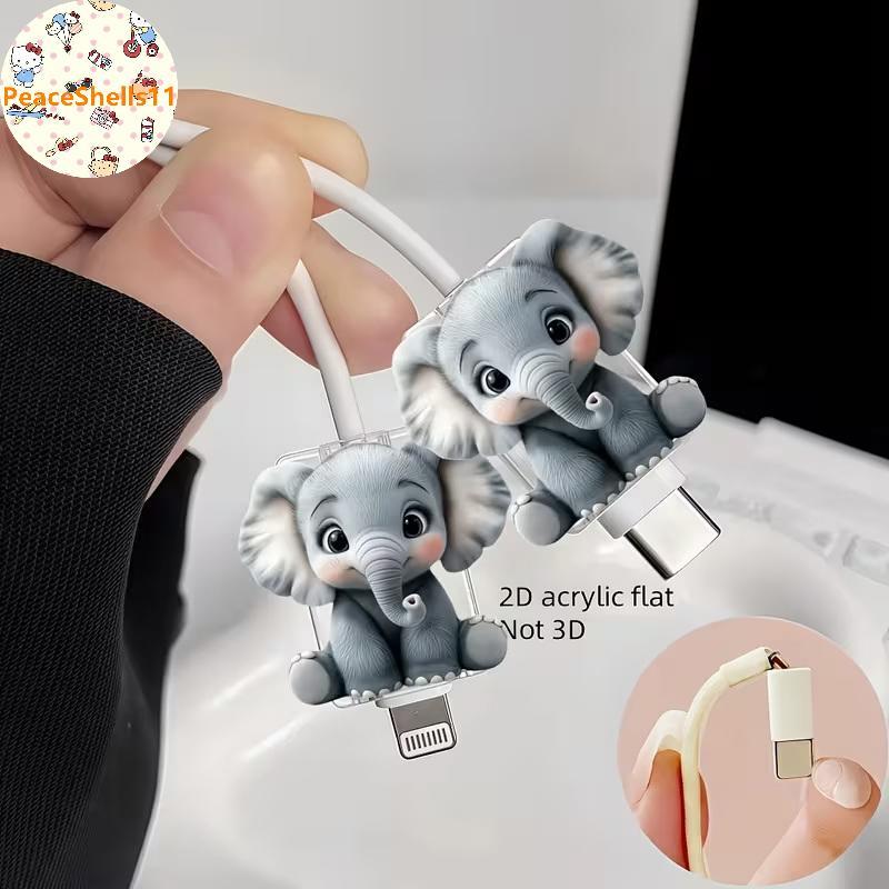 PeaceShells 2D Flat Cute Elephant Data Cable Protector - Break-proof, Phone Data Cable Protector, Ph