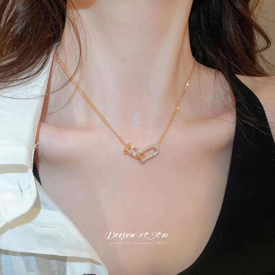 DREJEW U-Lock Zircon สร้อยคอผู้หญิงทอง/เงิน Tone Minimalist Edgy ออกแบบแฟชั่นทุกวันอินเทรนด์อุปกรณ์เสริมคอ