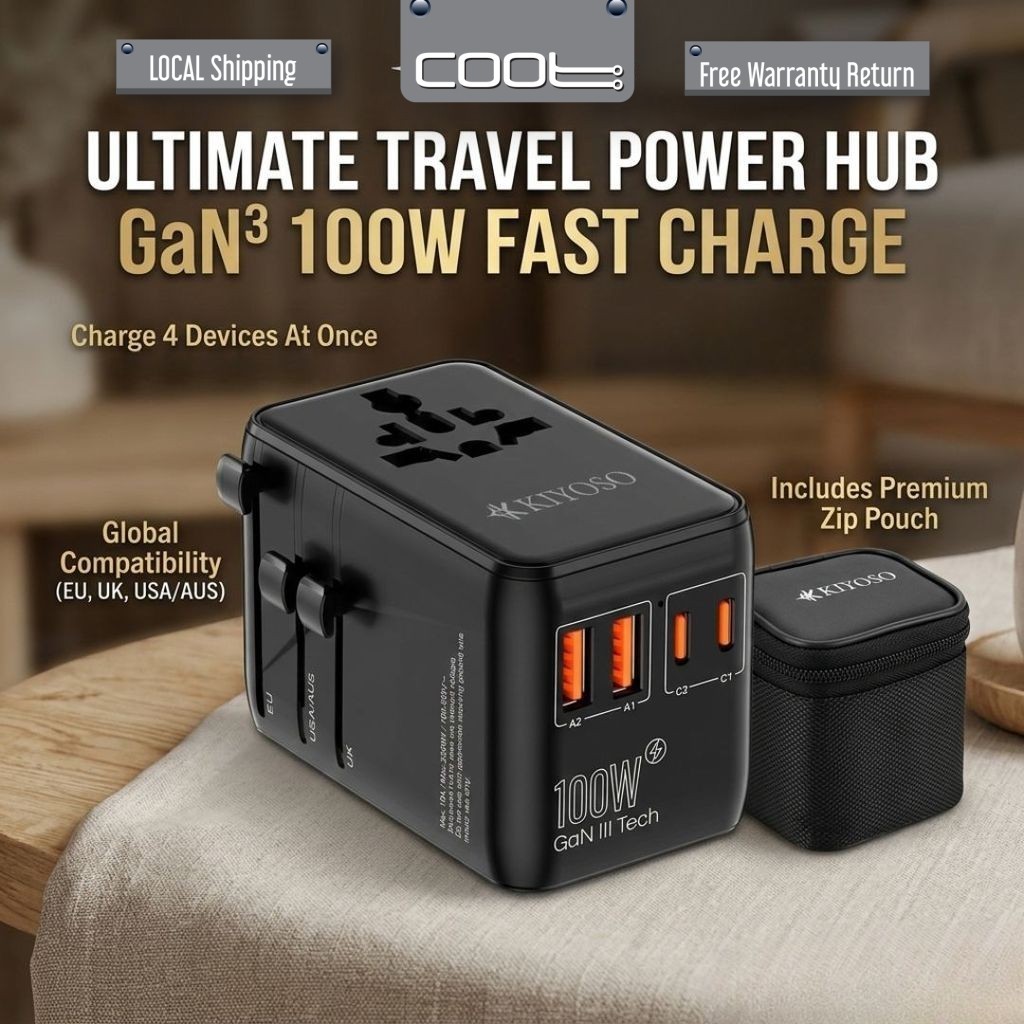 KIYOSO Universal Adapter Travel 45W / 75W / 100W International USB + Type C International Plug Charg