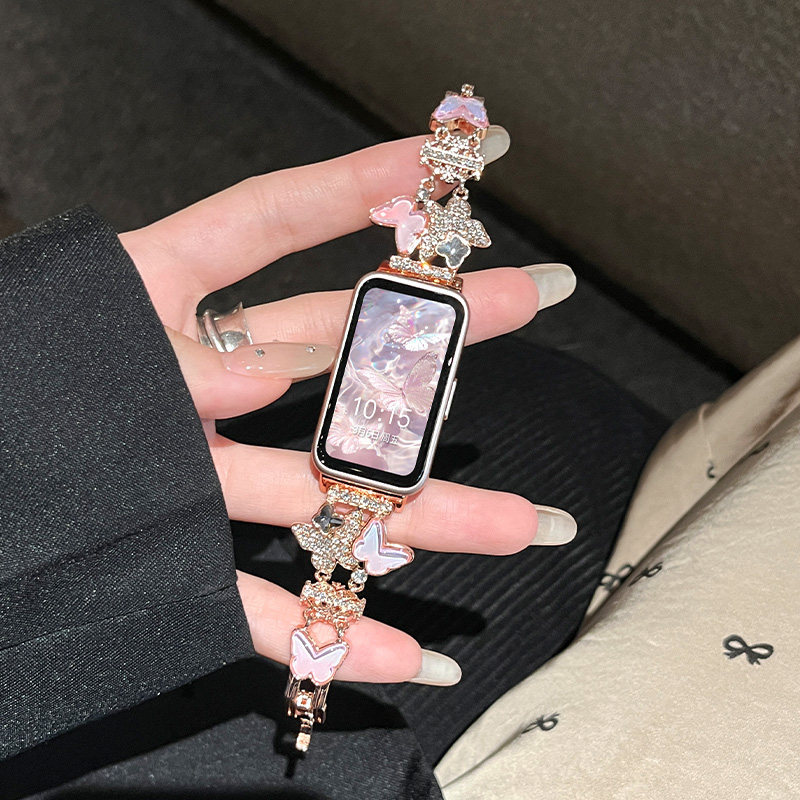 สายรัดข้อมือโลหะลายผีเสื้อสุดหรูสำหรับนาฬิกาอัจฉริยะ Huawei Band 11 11 Pro และ Huawei Band 8 9 10 สำหรับผู้หญิง เครื่องประดับสวมใส่ได้