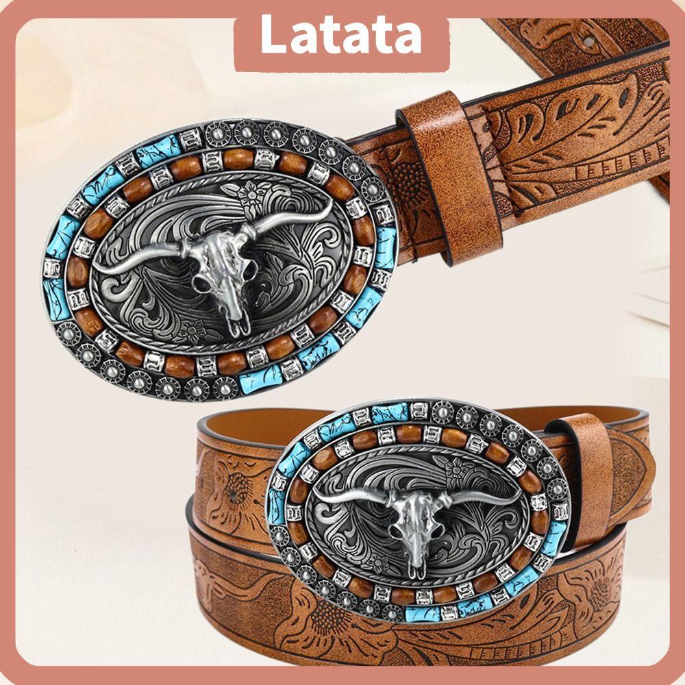 LATA Mens Western Cowboy Belt, PU Leather Vintage Buckle Belt, Fashion Wide Bull Pattern Waist Belt 