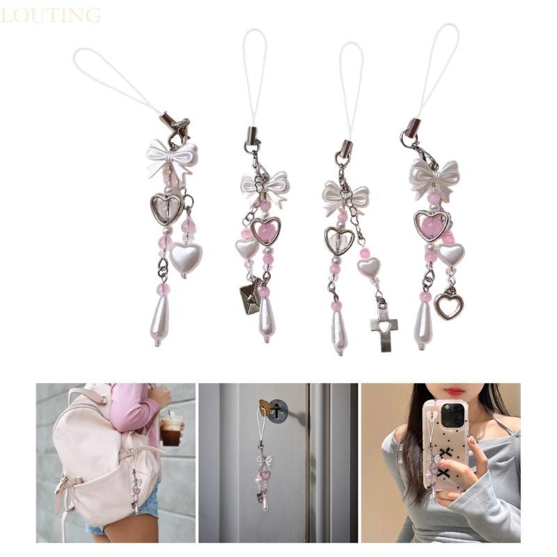 LOUTING Stylish Bowknot Phone Pendant Trend Phone Charm สําหรับผู้หญิงสาวหัวใจลูกปัดพวงกุญแจกระเป๋าเ