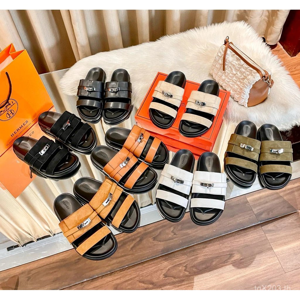 Herme * Hermes h Home kelly Buckle ลุงรองเท้าแตะผู้ชายผู้หญิงลุงรองเท้า H-Shaped Velcro รองเท้าแตะแบ