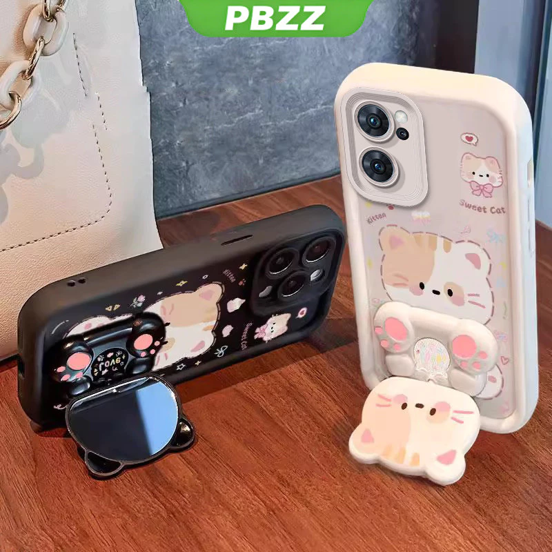 PBZZ FOR เคส สําหรับ oppo reno 7 5g oppo reno 7 4g เคสโทรศัพท์ Softcase ซิลิโคนกันกระแทกออกแบบใหม่ความงามการ์ตูนแมวพร้อมที่วางสําหรับกระจก JTMMZJ01