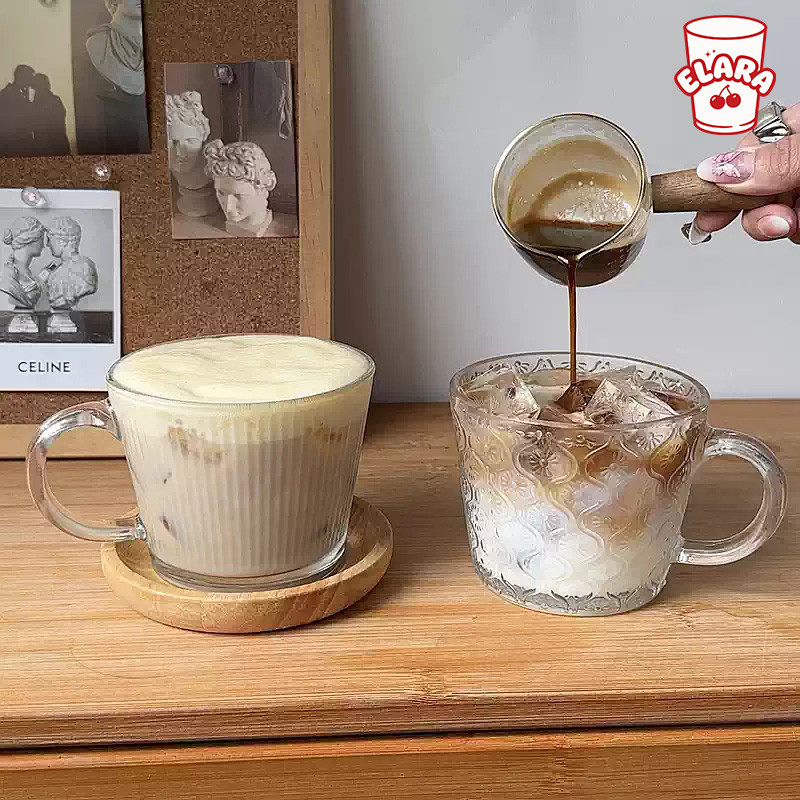 แก้วกระจกมีหูจับ 3 แบบ (ลายดอก/ลายริ้ว/ลายจุด) 400ml | แก้วกาแฟ นม ชาเย็น | สไตล์อินสตา