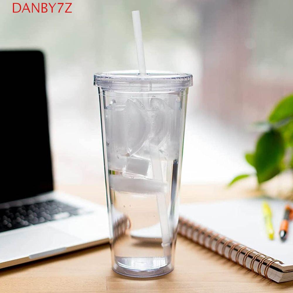 DANBY7Z แก้วน้ําใส, โปร่งใสพร้อมฝาปิดและขวดน้ําฟาง, ถ้วยสมูทตี้พลาสติกสองชั้น 350/450/650ml ถ้วยกาแฟ