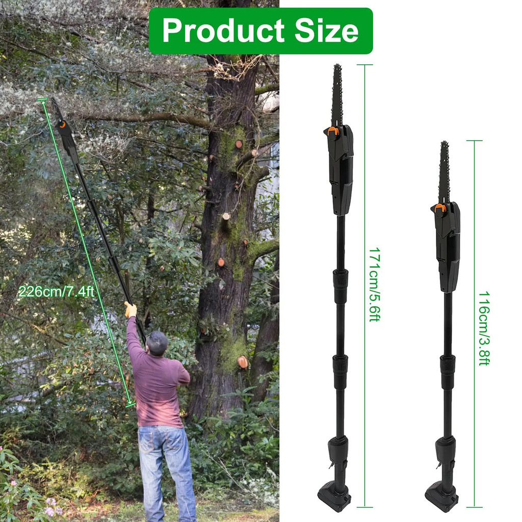 ชุด 6in ไร้สาย Pole Saw 7.4FT ขยายความยาว 35FT ต่อวินาทีความเร็วไฟฟ้า 3.0Ah แบตเตอรี่ Charger รวมตัด