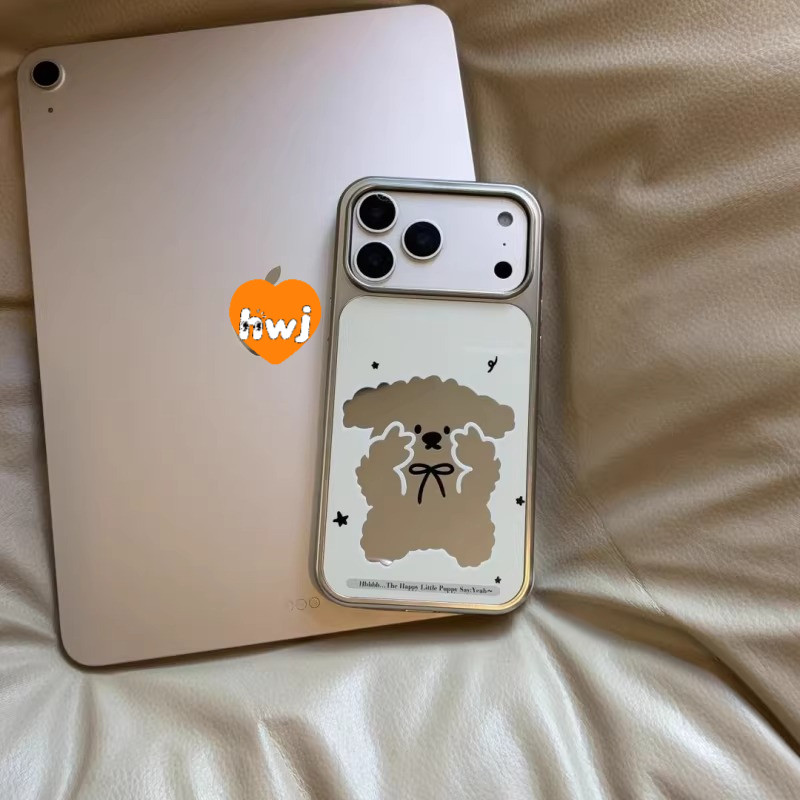 Ins Happy Puppy กระจกน่ารัก kt Cat พื้นผิวกระจกขอบเงินไฟฟ้าเหมาะสําหรับ iPhone17promax16pro/15/14/13/พรีเมี่ยมกันกระแทกเคสโทรศัพท์ Niche